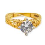 Gold Ladies Ring with Solitaire and Beautiful Design